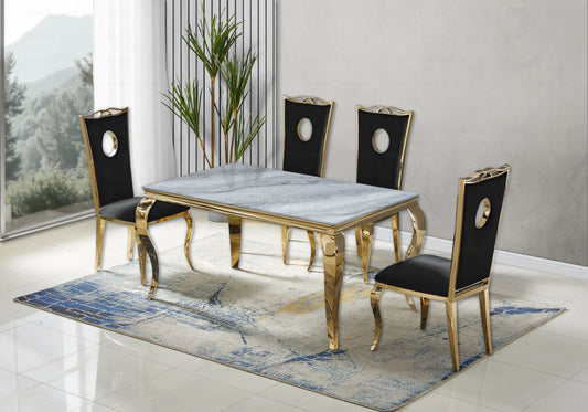 Salle à manger marbre gris chaises velours noir doré - NEO