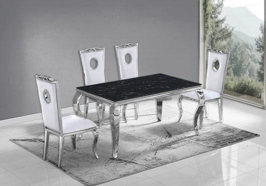 Table marbre noir et chaises simili-cuir blanc argent – NEO