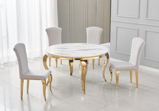 Table ronde marbre blanc et chaises beige dorée – NEO