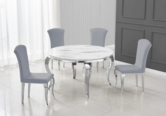 Salle à manger ronde marbre blanc pieds argentés chaises gris – NEO