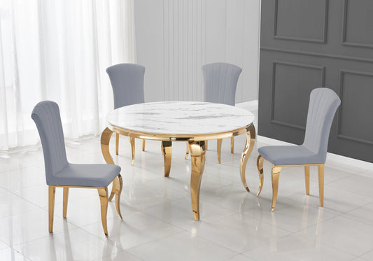 Salle à manger ronde marbre blanc pieds dorés chaises gris – NEO