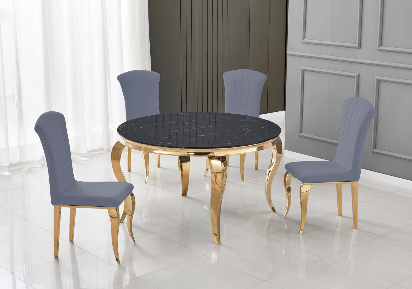 Table ronde marbre noir et chaises ardoise dorée – NEO