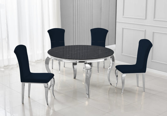 Table ronde marbre noir et chaises noir argentés – NEO