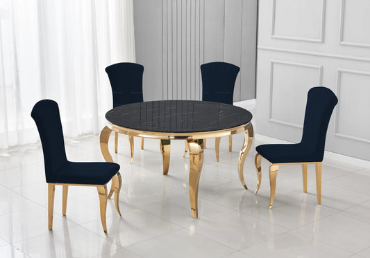 Salle à manger ronde marbre noir pieds dorés chaises noir – NEO