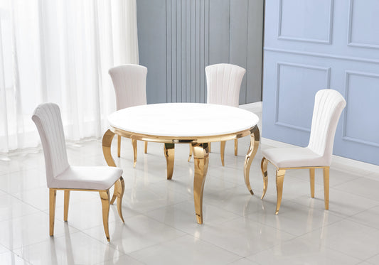 Table ronde verre blanc et chaises écru dorée – NEO