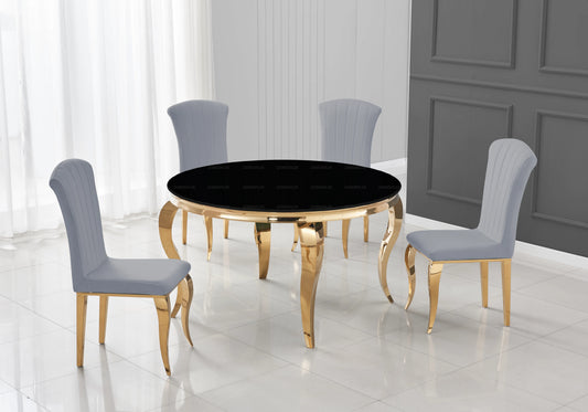 Table ronde verre noir et 4 chaises velours or – Neo