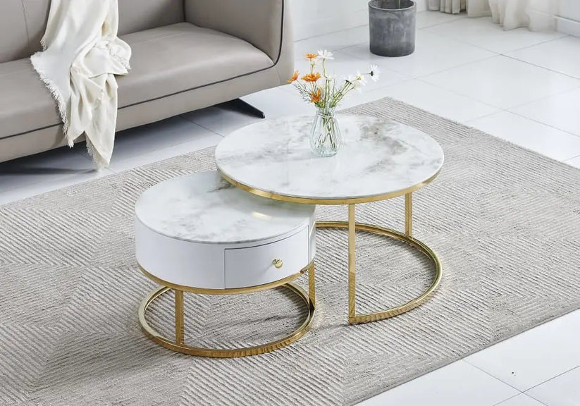 Tables rondes gigognes dorées marbre beige OREA