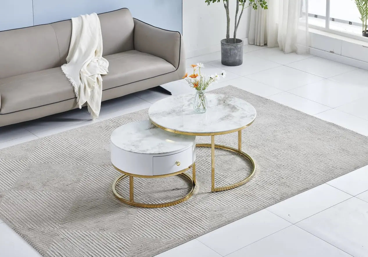 Tables rondes gigognes dorées marbre beige OREA New Design