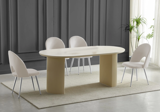 Table travertin beige et chaises argentés beiges – TERRA