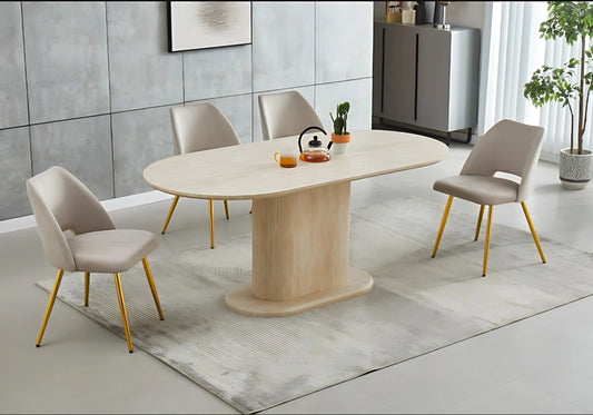 Table travertin ovale et chaises dorées taupe – INAYA