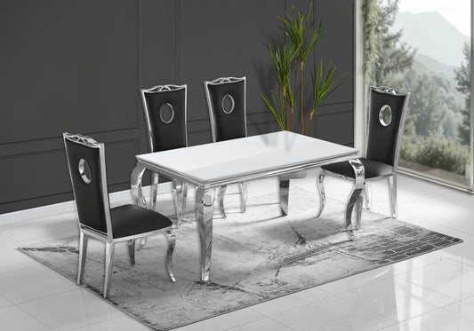 Table verre blanc et chaises simili-cuir noir argent – NEO