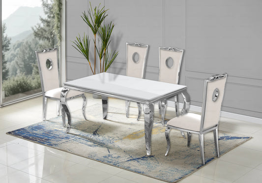 Table verre blanc et chaises velours beige argent – NEO