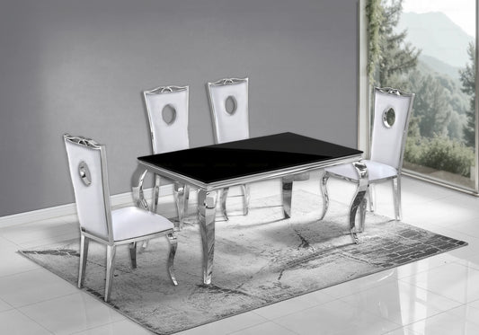 Salle à manger verre noir chaises simili-cuir blanc argent – NEO