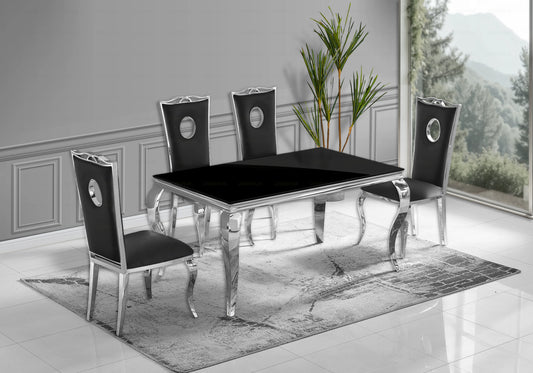 Table verre noir et chaises simili-cuir noir argent – NEO