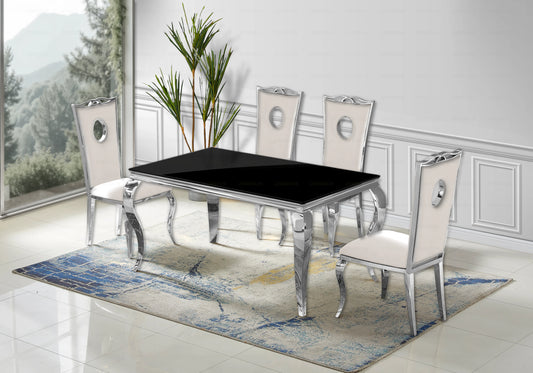 Table verre noir et chaises velours beige argent – NEO