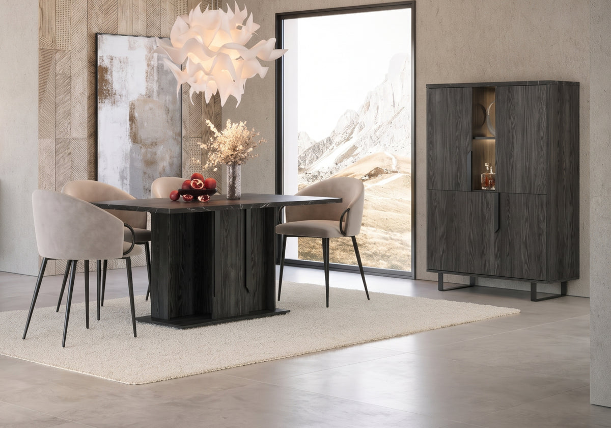 Salle à manger complète bois et marbre noir - Orion