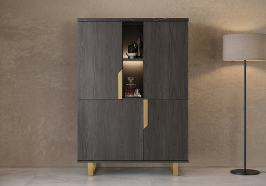 Vitrine 2 portes LED bois et marbre noir - Orion