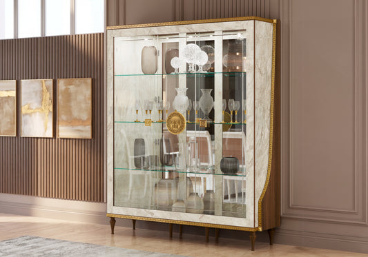 Vitrine 3 portes marbre noyer et or 24K - Romantica