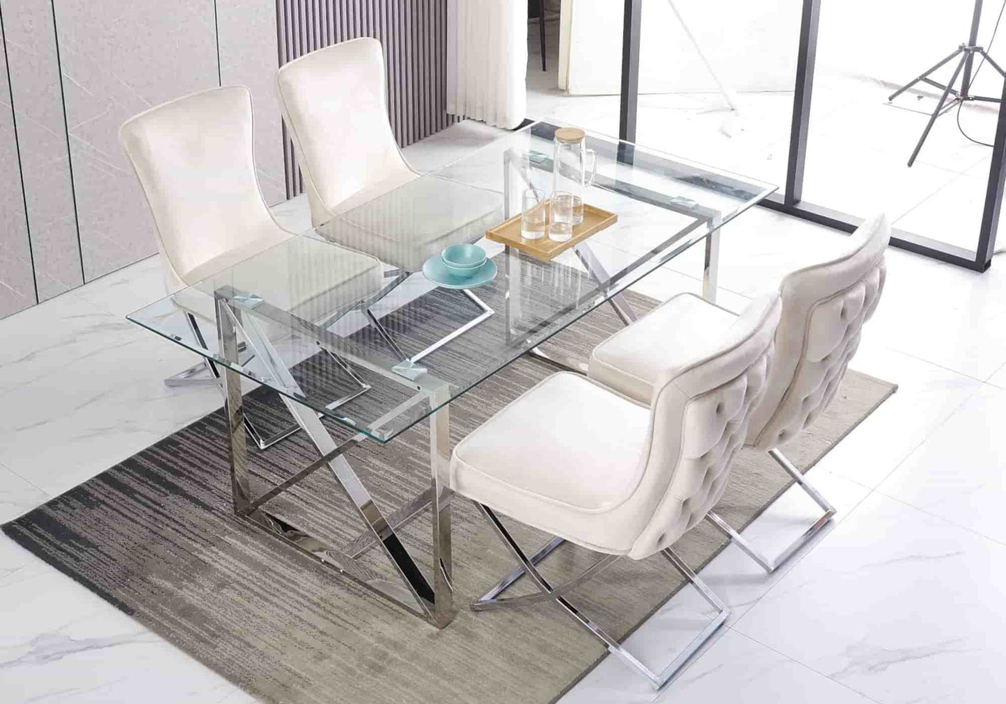 Chaise capitonnée pied croisé argent écrue – Enzo x2