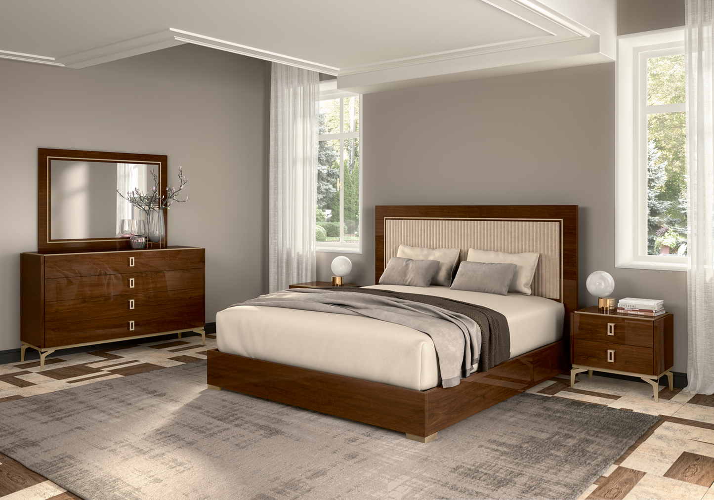 Chambre 160x200 noyer commode miroir – Eva