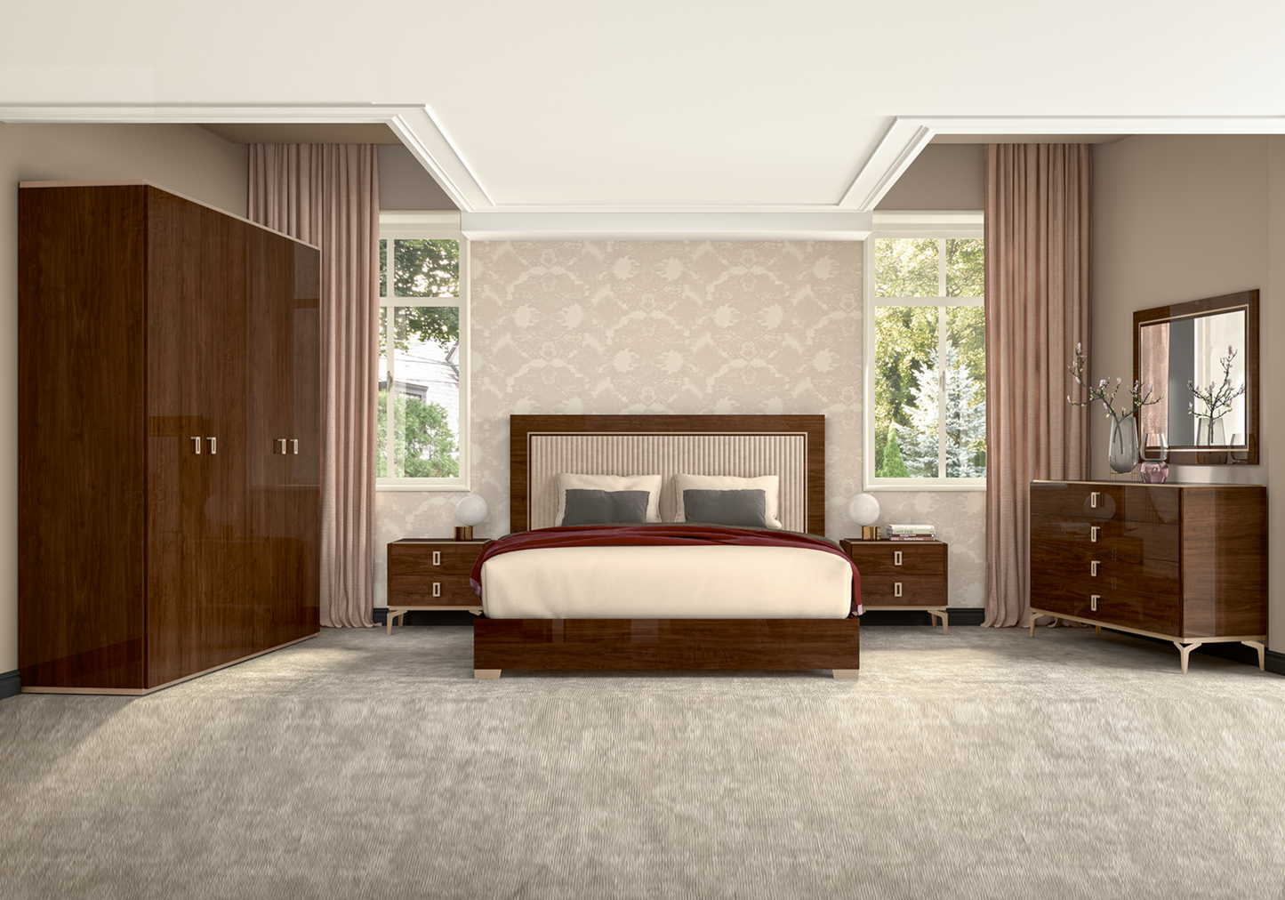 Chambre 160x200 noyer commode miroir – Eva