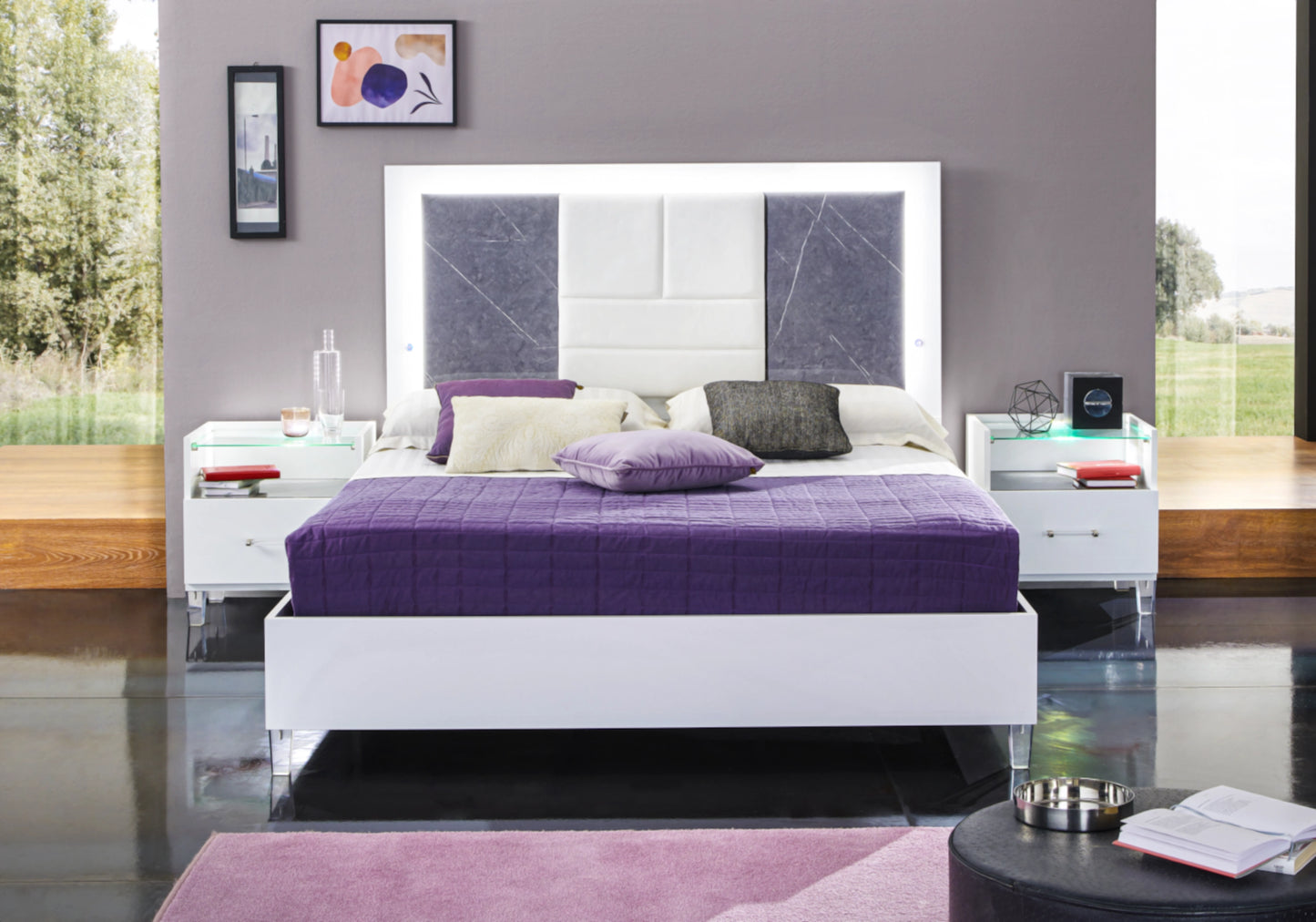 Chambre complète marbre gris capitonnée – CRISTAL