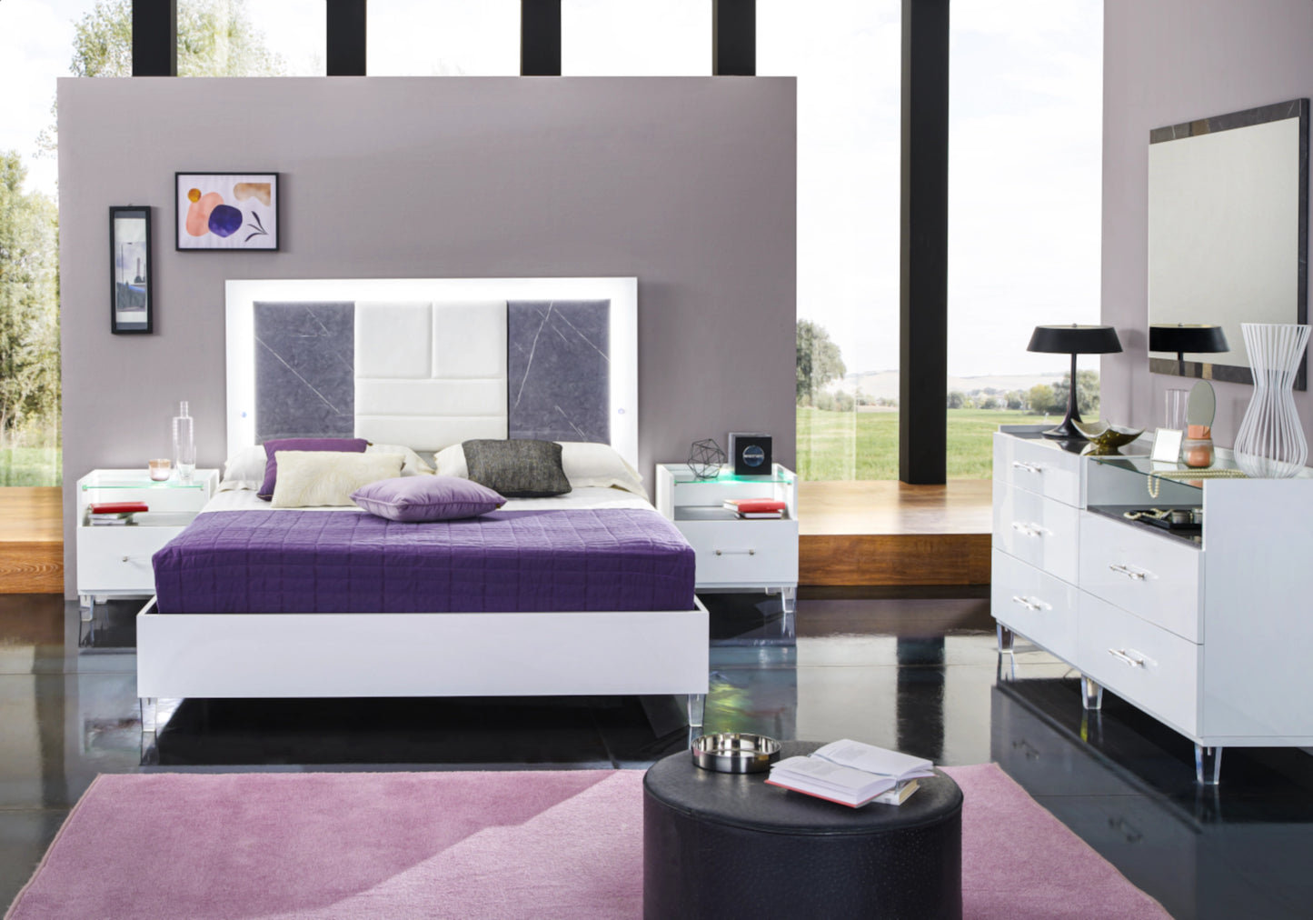 Chambre complète marbre gris capitonnée – CRISTAL