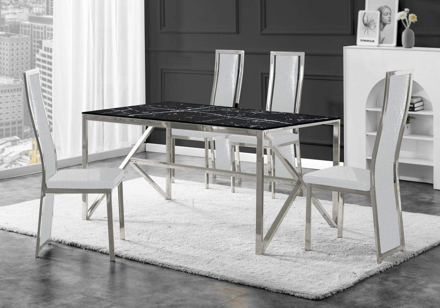Table marbre noir et 6 chaises croco argent – Jessy