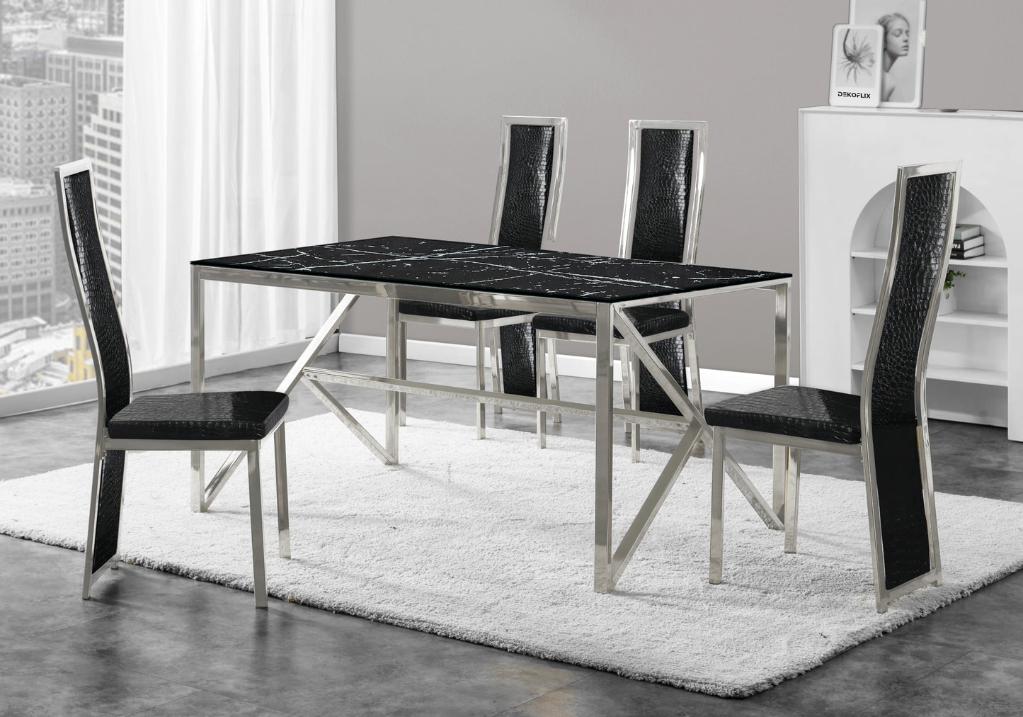 Table marbre noir et 6 chaises croco argent – Jessy