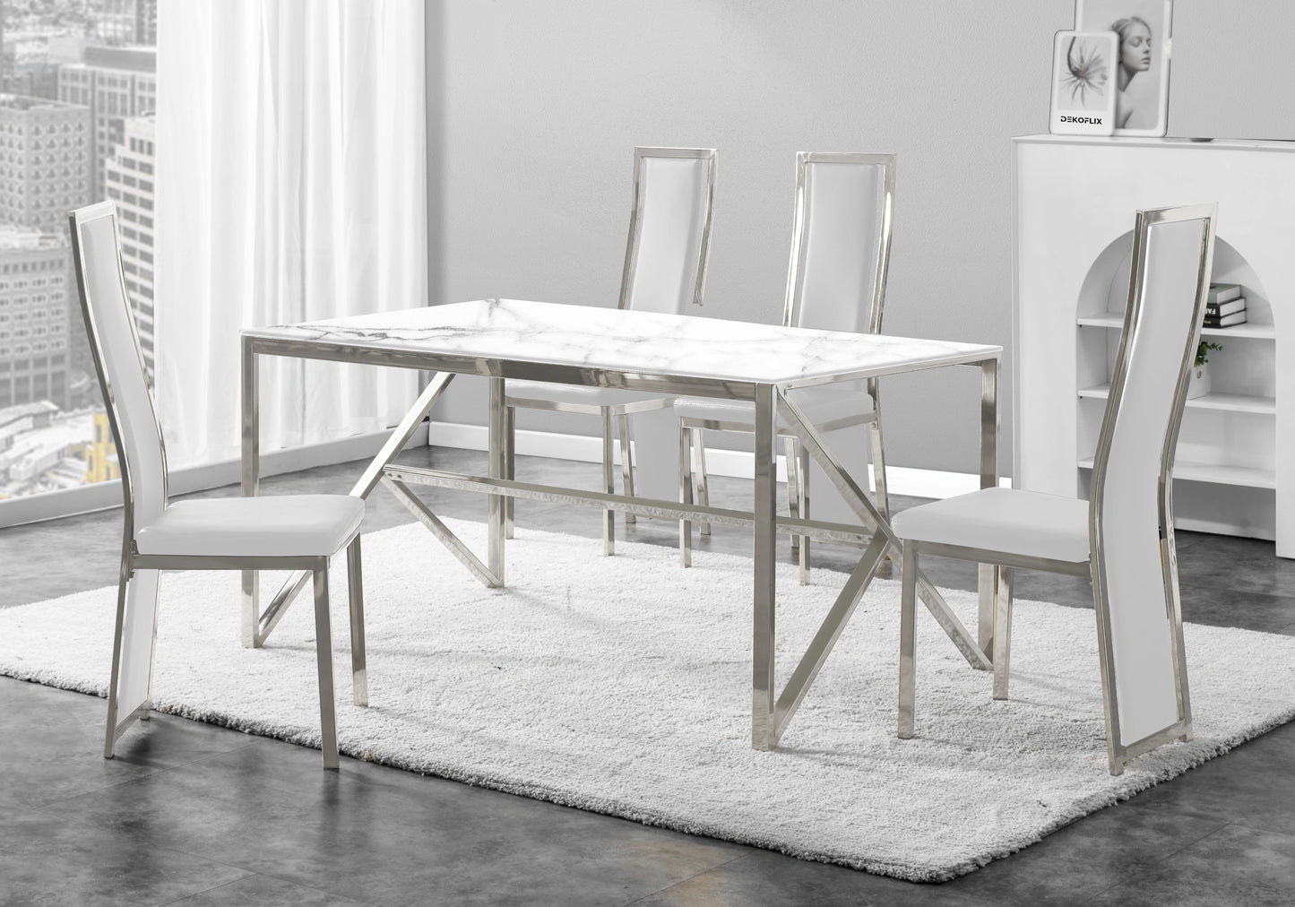Table marbre blanc et 6 chaises simili-cuir argent – Jessy