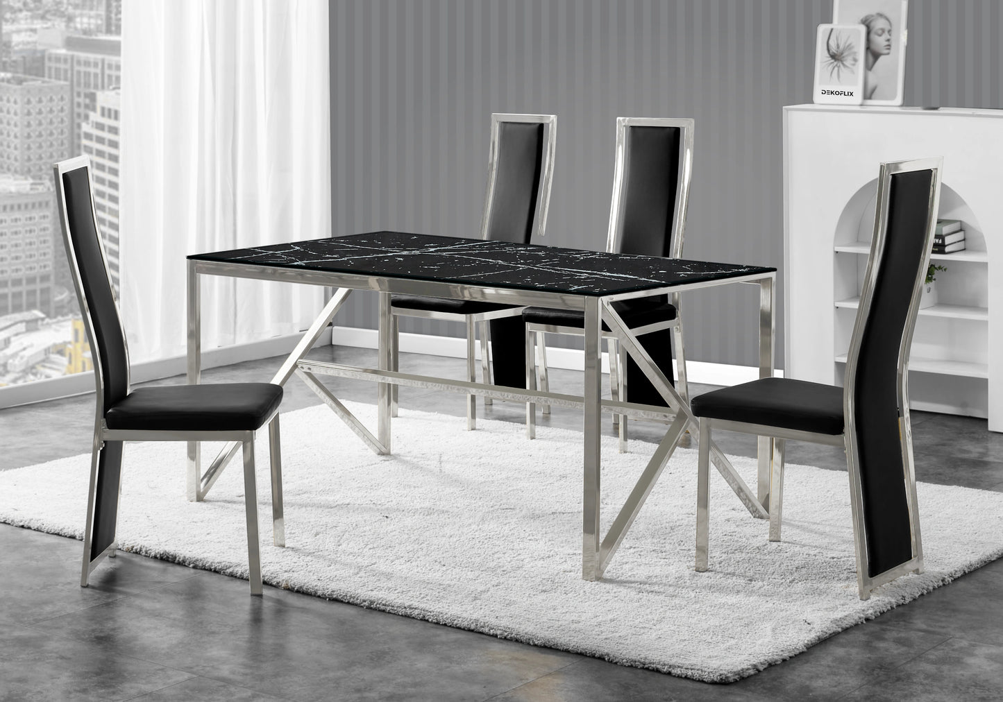 Table marbre noir et 6 chaises simili-cuir argent – Jessy