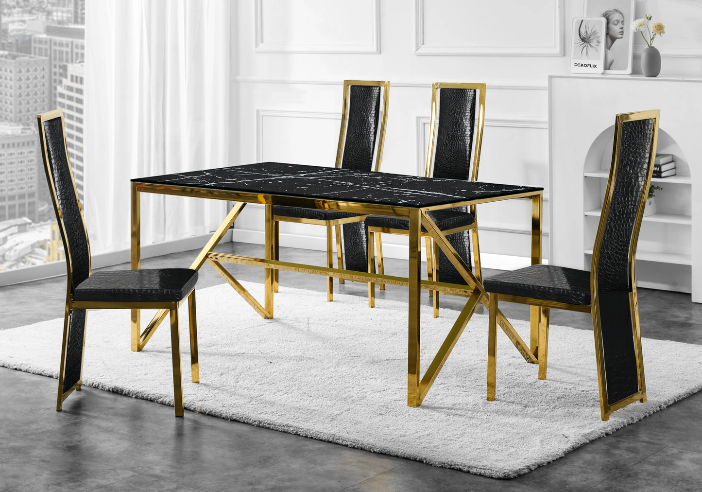 Table marbre blanc et 6 chaises croco doré – Jessy