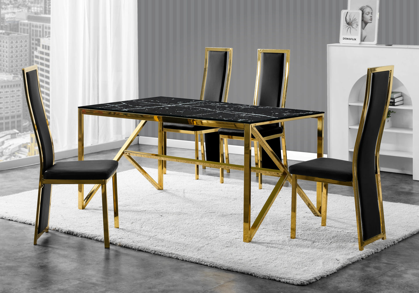Table marbre noir et 6 chaises simili-cuir doré – Jessy