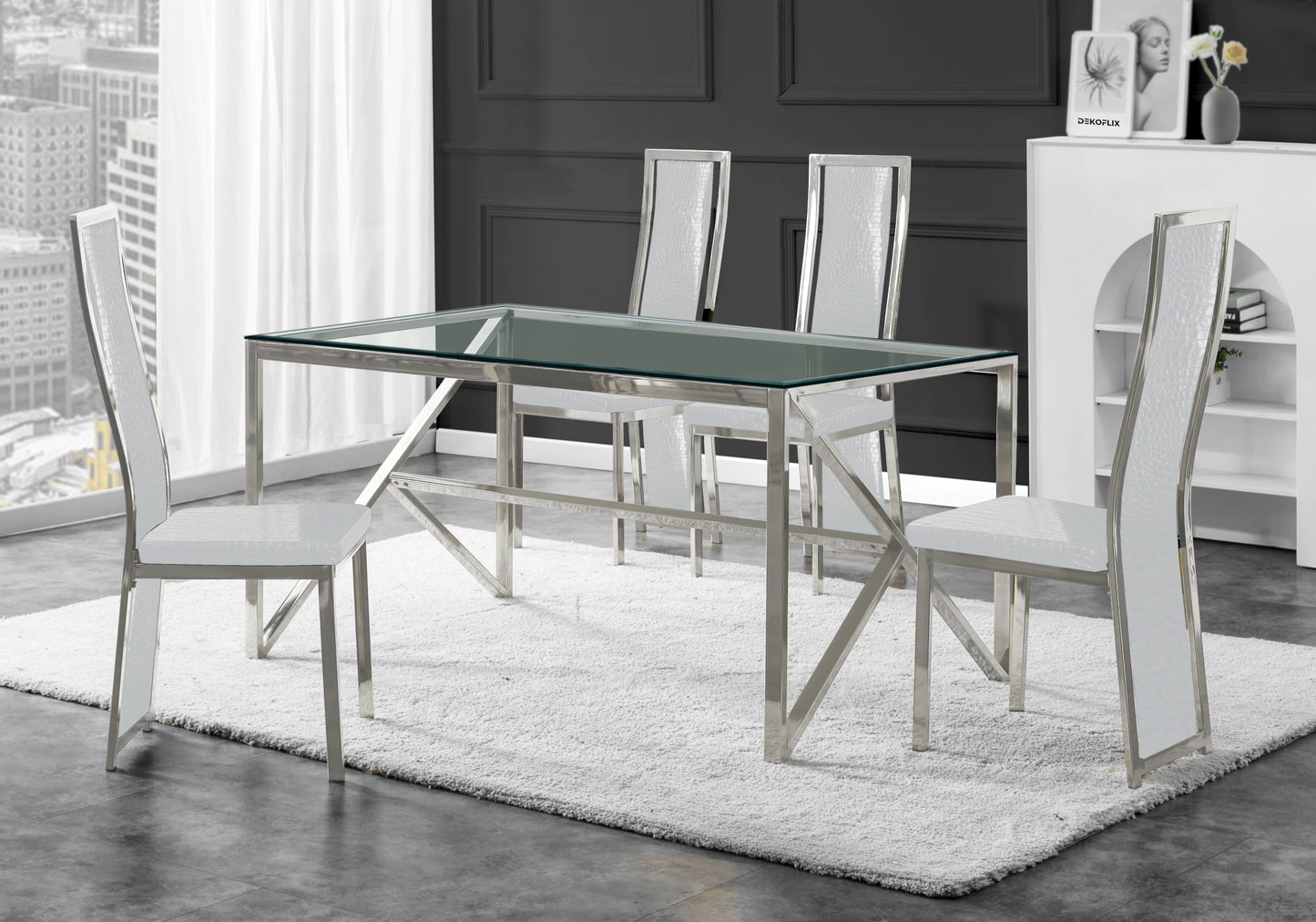 Table en verre et 6 chaises croco argent – Jessy