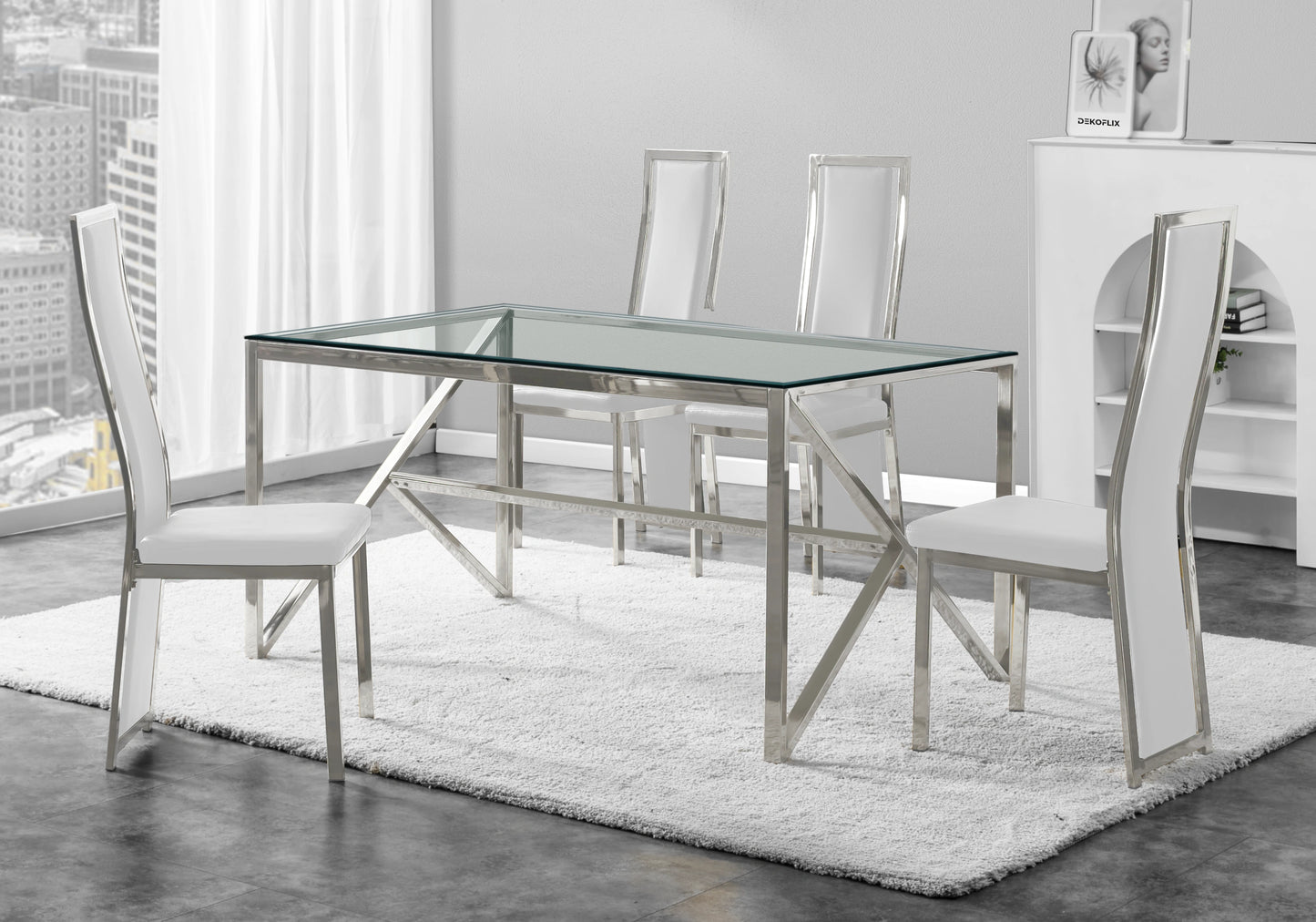 Table en verre et 6 chaises simili-cuir argent – Jessy