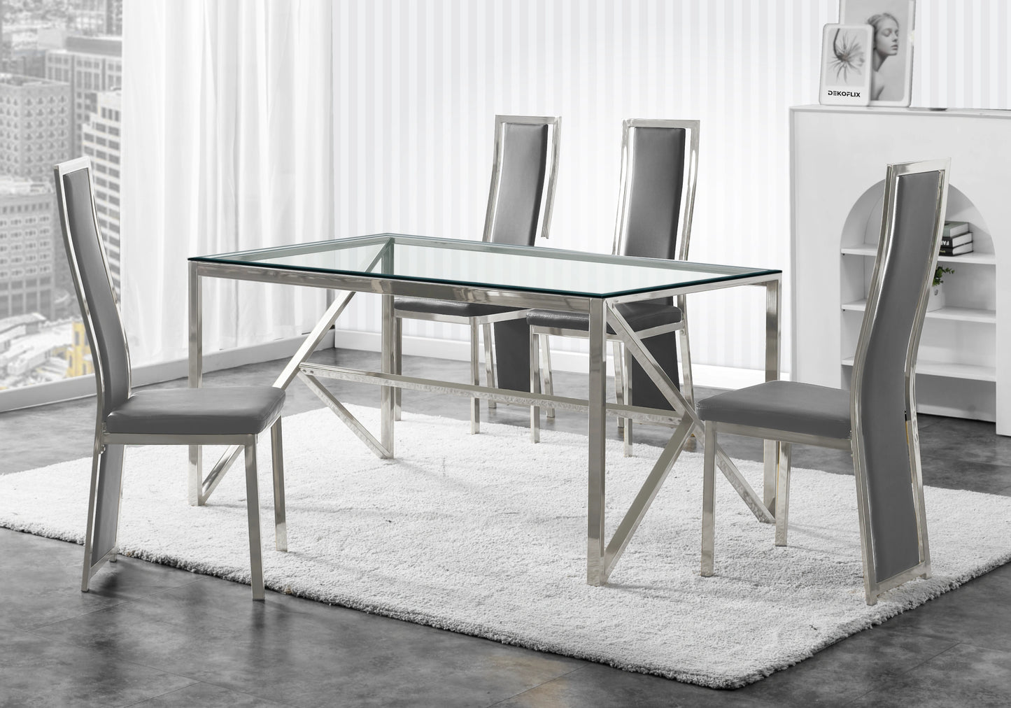 Table en verre et 6 chaises simili-cuir argent – Jessy