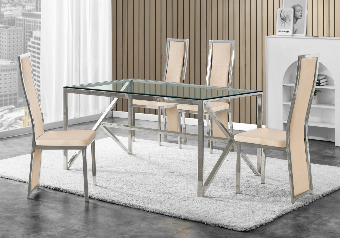 Table en verre et 6 chaises velours argent – Jessy