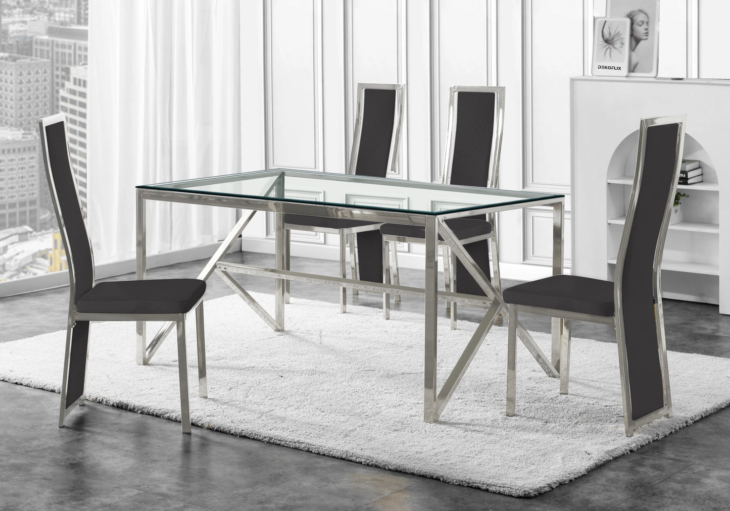 Table en verre et 6 chaises velours argent – Jessy