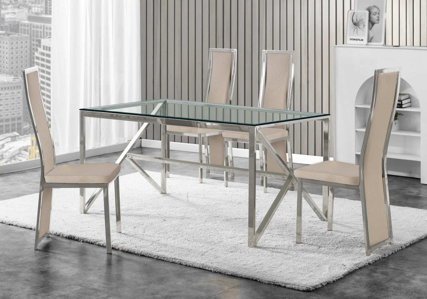 Table en verre et 6 chaises velours argent – Jessy