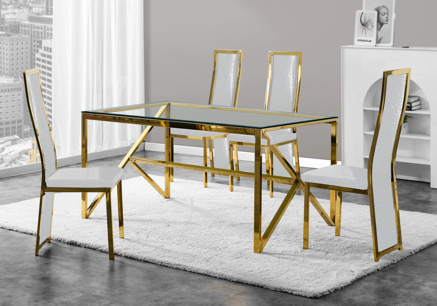 Table en verre et 6 chaises croco doré – Jessy