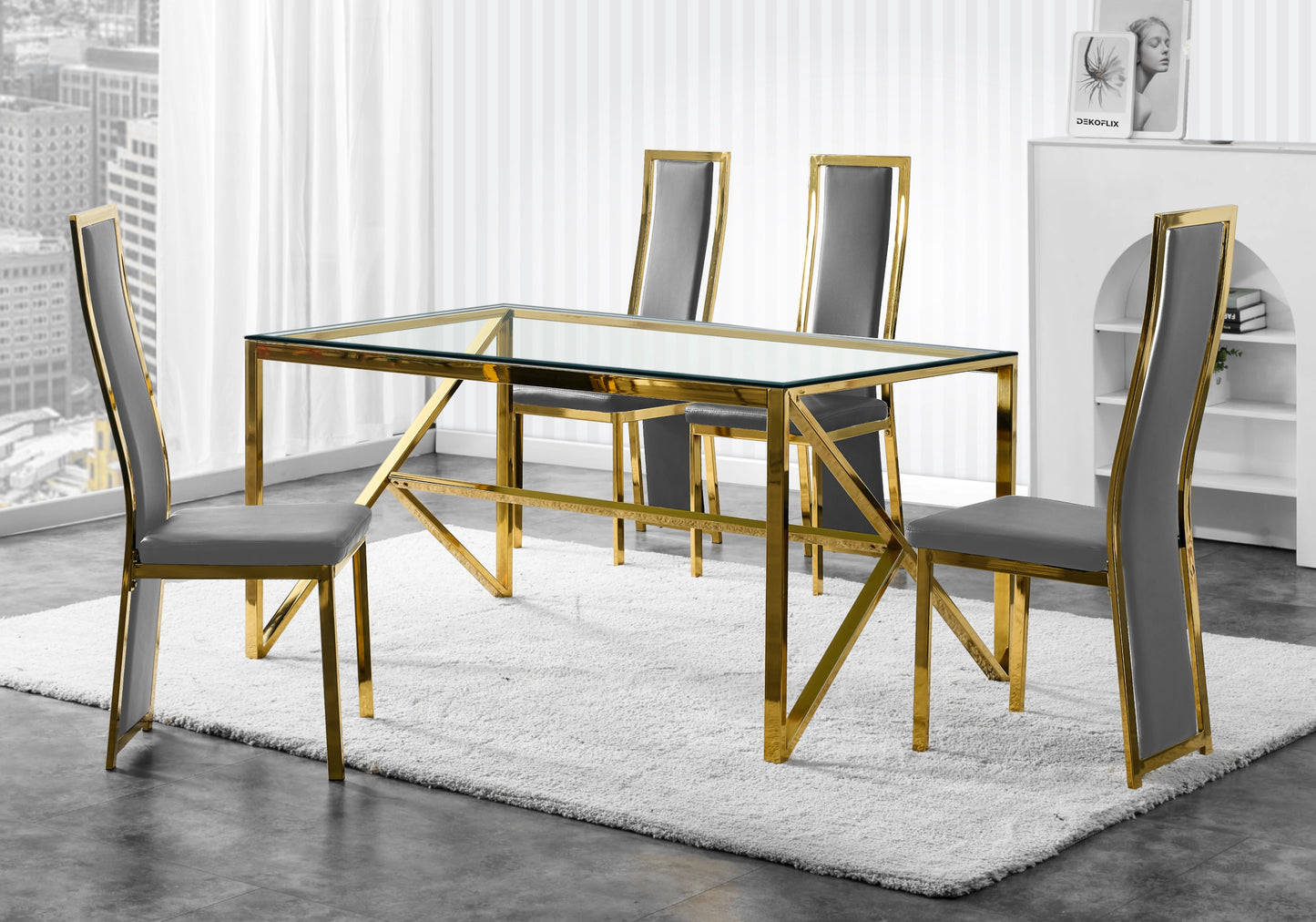 Table en verre et 6 chaises simili-cuir doré – Jessy