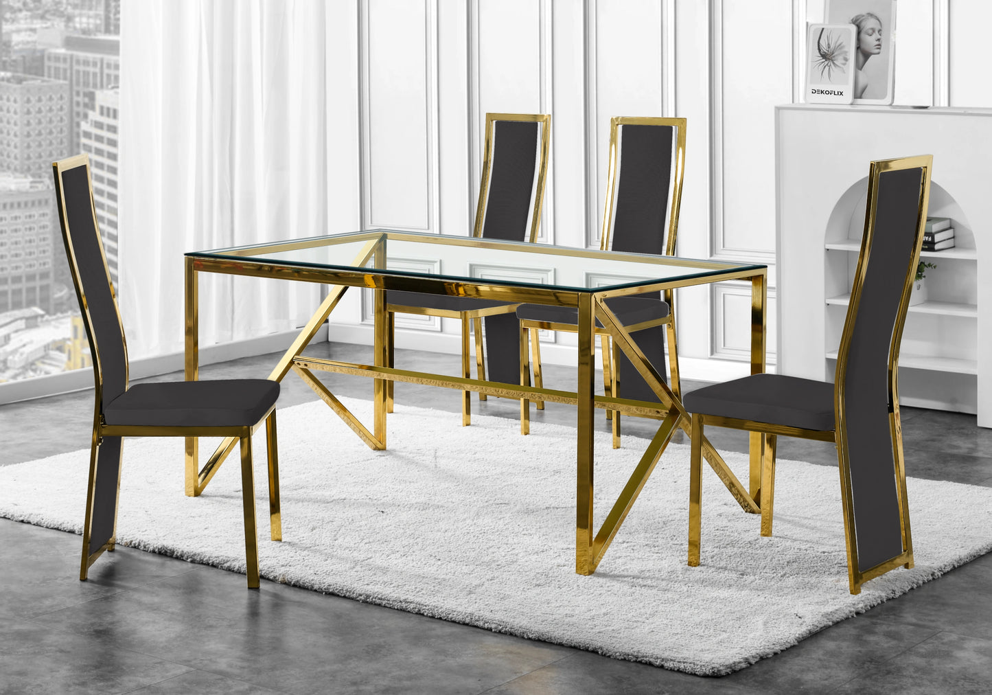 Table en verre et 6 chaises velours doré – Jessy