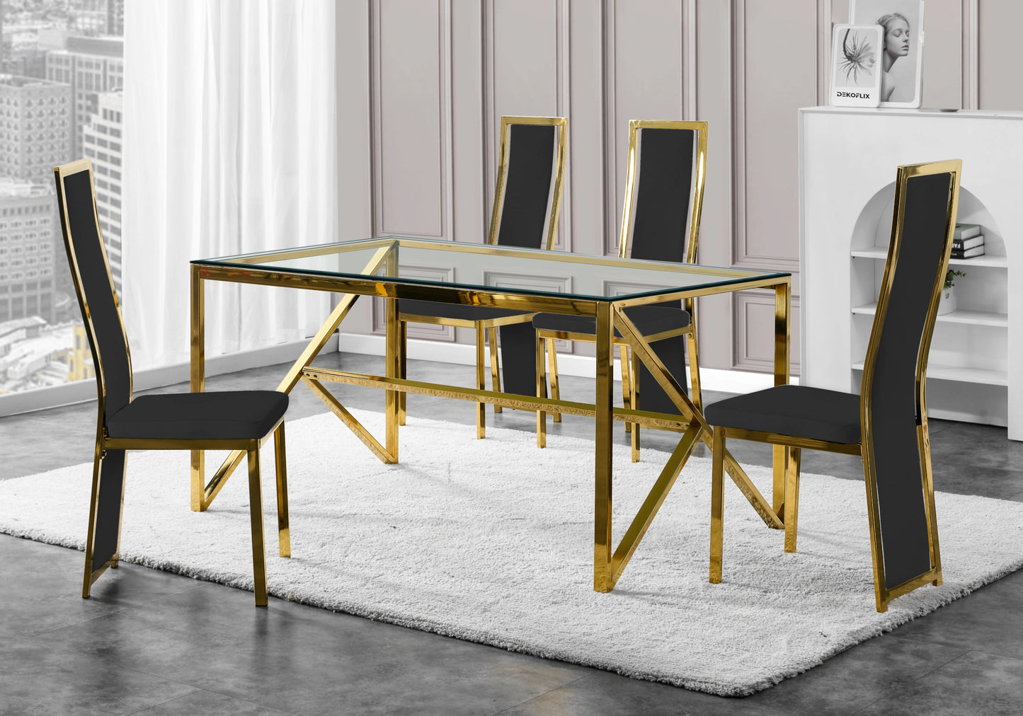 Table en verre et 6 chaises velours doré – Jessy