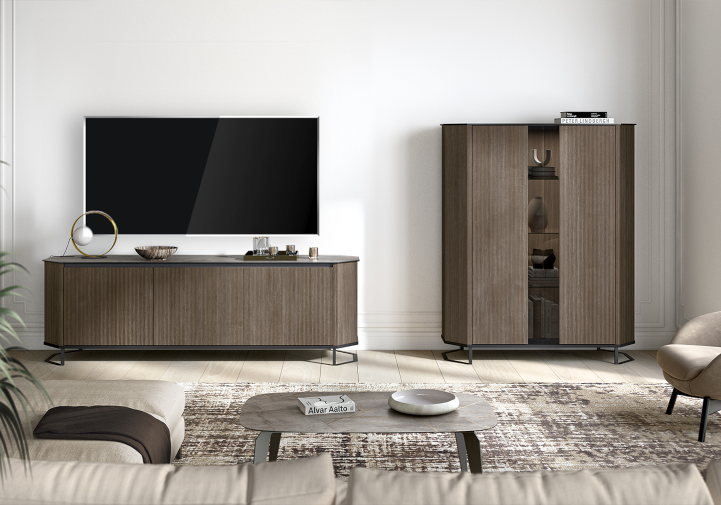 Vitrine argentier bois miel rainuré LED – Hexagon