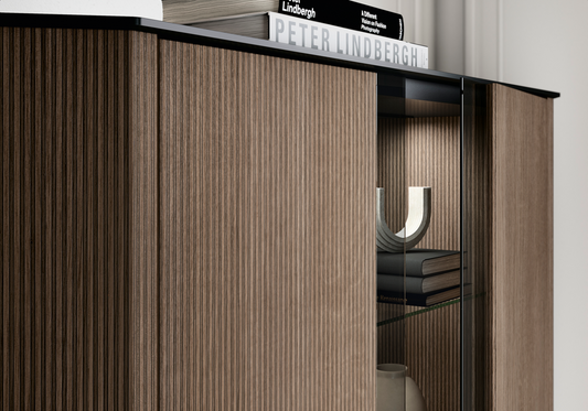 Vitrine argentier bois miel rainuré LED – Hexagon