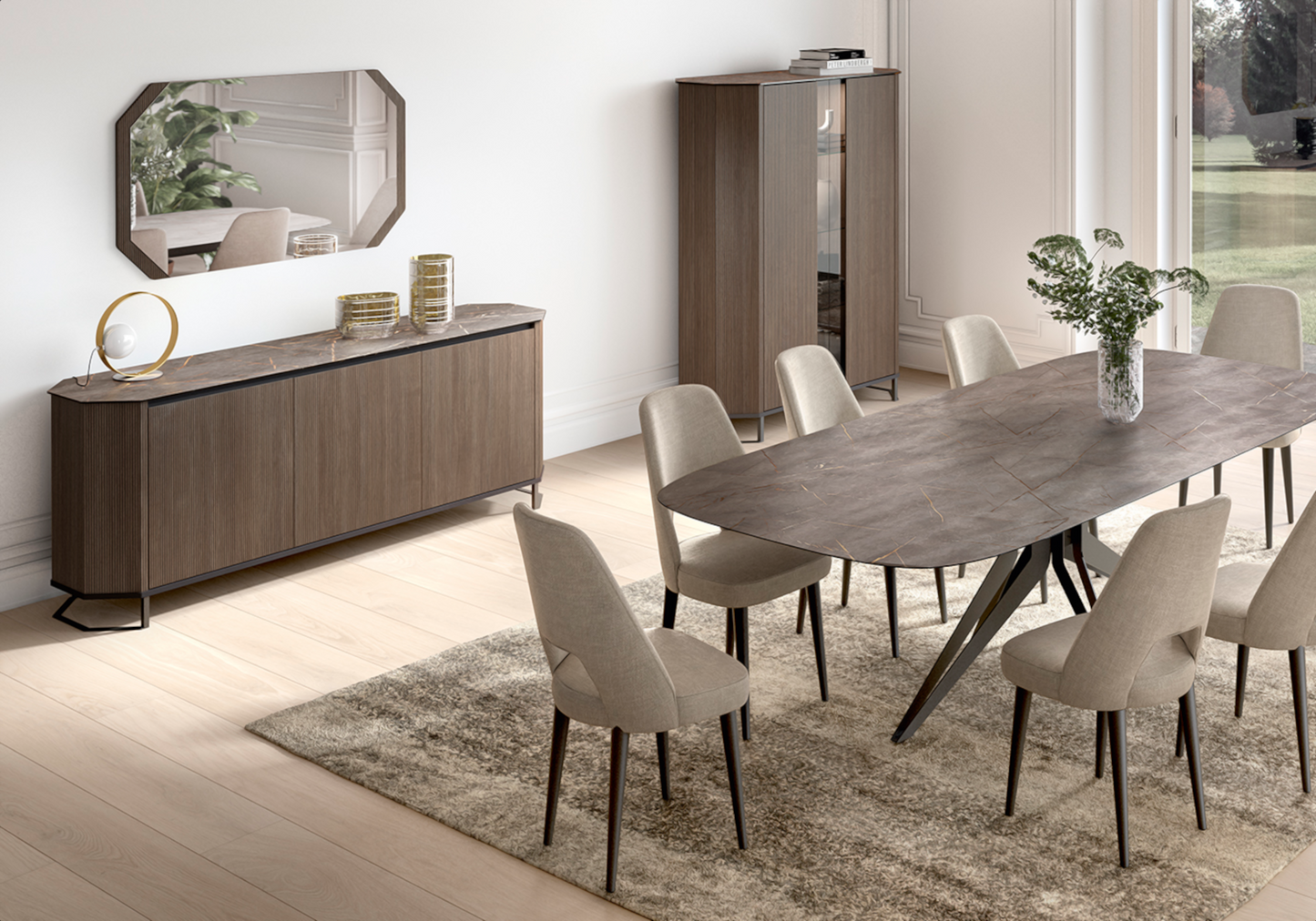 Grande table de réception et 12 chaises marbre - Hexagon