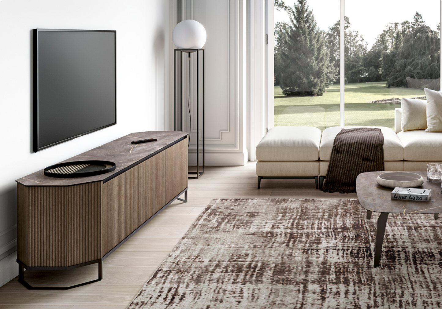 Meuble tv banc bois miel rainure - Hexagon