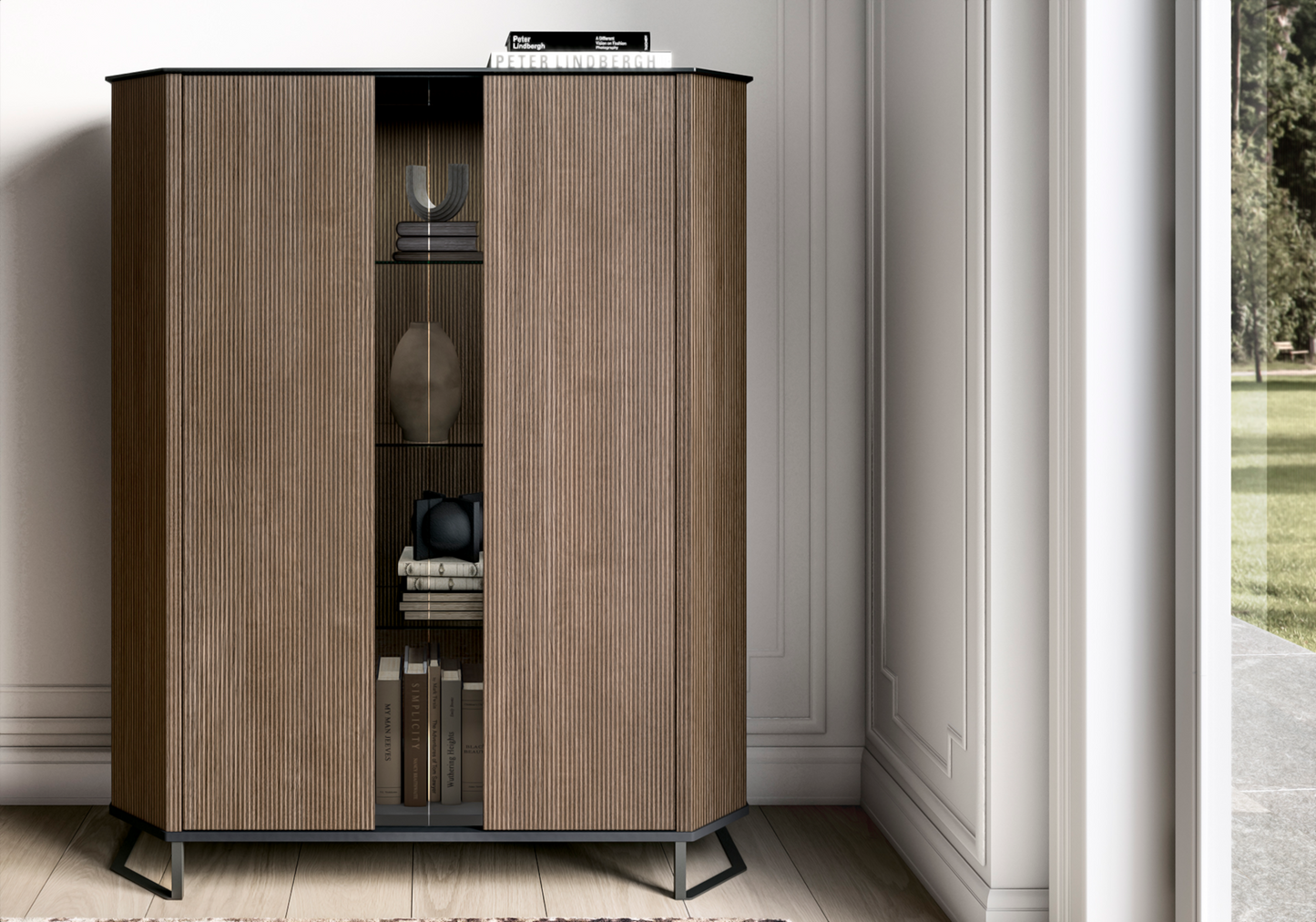 Vitrine argentier bois miel rainuré LED – Hexagon