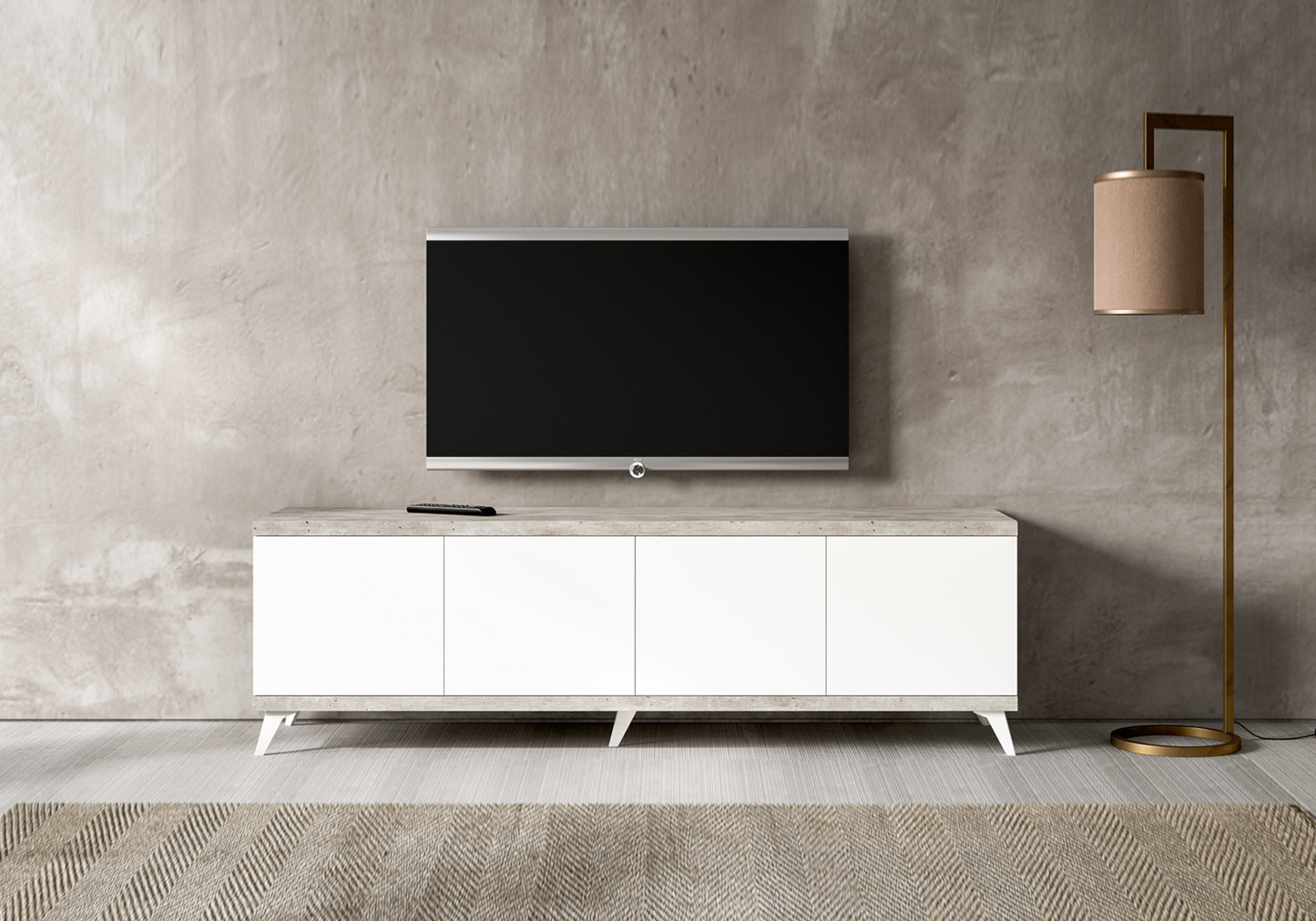Meuble TV 200 cm blanc laqué effet béton – Treviso