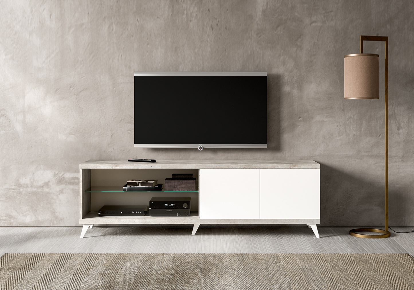 Meuble TV 200 cm et table basse blanc béton – Treviso